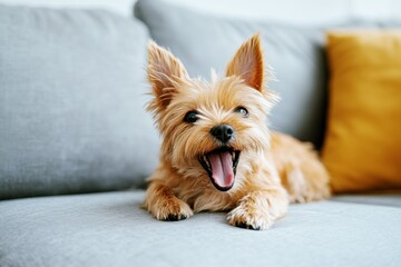 Fototapeta na wymiar happy yorkshire terrier lying on a grey sofa with yellow pillow, expressing joy and playfulness at home