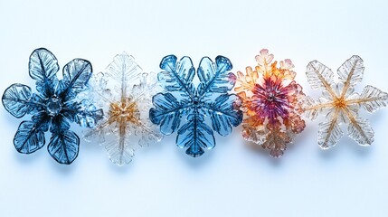 Fototapeta premium Macro Photo of Isolated Snowflakes on White Background, Real Snow Crystal Details - Generative AI