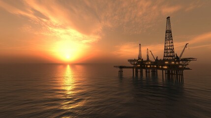 Obraz premium An oil rig stands tall in the ocean as the sun sets, casting beautiful colors across the sky and creating a striking silhouette against the tranquil waters