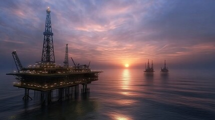 Obraz premium An oil rig stands tall in the ocean as the sun sets, casting beautiful colors across the sky and creating a striking silhouette against the tranquil waters