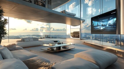 Fototapeta premium Modern living room with panoramic view, stylish furniture, and sleek design offering comfort and elegance.
