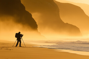 Silhouette of photographer capturing golden sunrise on beach.