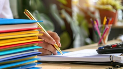 The hand with colorful folders.