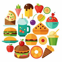 Colorful Flat Design Illustration of Various Food Items