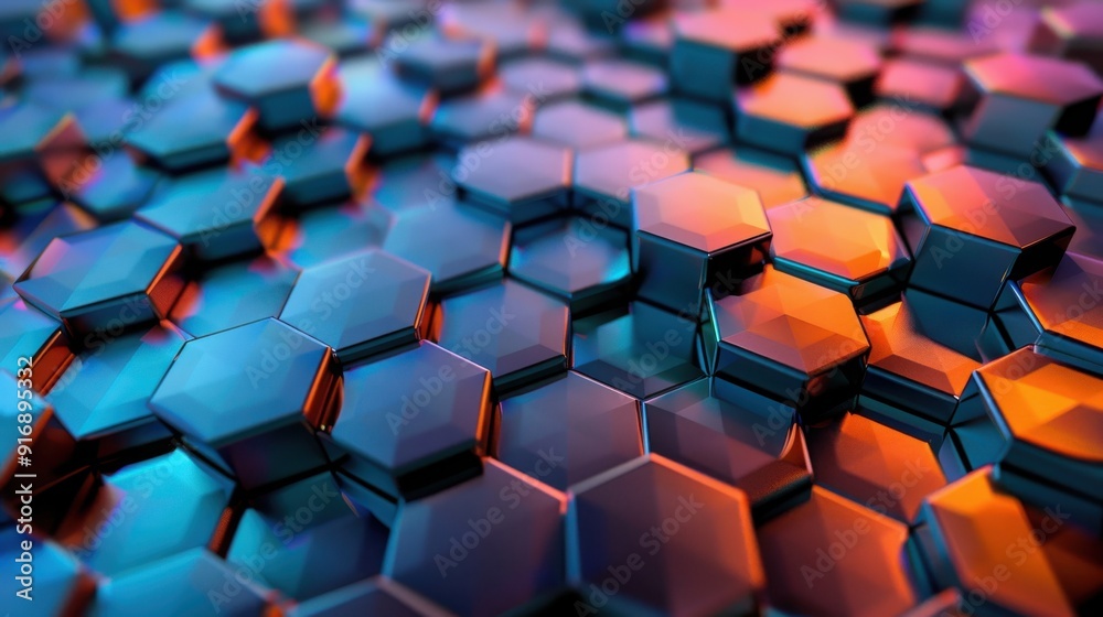 Poster vibrant hexagonal patterns with glossy surfaces reflecting light in shades of blue and orange, creat
