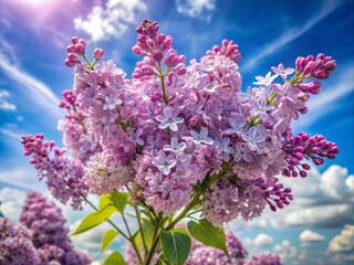 Delicate purple lilac flowers in a fresh bouquet are held against a vivid clear blue sky with a few wispy white clouds on a sunny day.