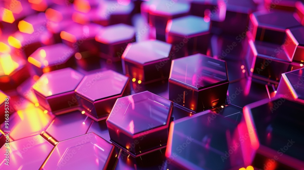 Poster vibrant hexagonal shapes create a dynamic pattern, illuminated with colorful reflections, ideal for 