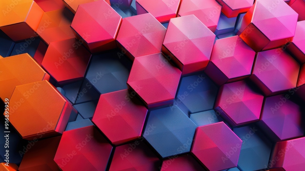 Poster vibrant hexagon patterns with gradient colors create a modern abstract background, perfect for techn