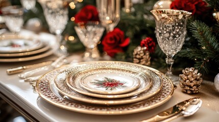 Fototapeta premium Elegant Christmas Table Setting with Fine China and Festive Decorations
