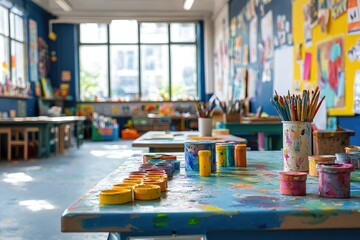 Vibrant Art Classroom with Sunlit Windows, Paints, and Brushes