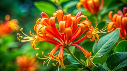 Vibrant orange honeysuckle flower fills the frame, its delicate petals curled and twisted, surrounded by lush green foliage with ample copy space around the bloom.