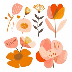 peonies flower set clipart illustration with simple graphics and soft amber, orange and pink colors