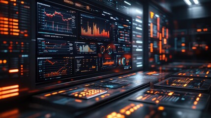 Realistic 3D depiction of a business performance dashboard with detailed analytics