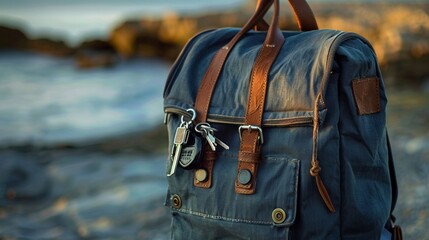 A backpack with a keychain.