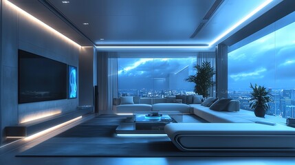 Fototapeta premium Stylish modern living room with panoramic city view, vibrant blue lighting, and minimalist decor creating a serene atmosphere.