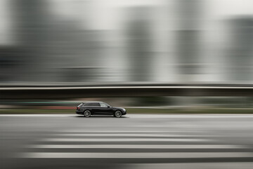 Fast driving car. Black car with city background blurred at speed. Car driving, speed concept