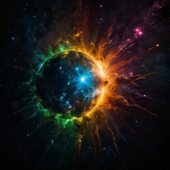 Fototapeta premium In a mesmerizing display of cosmic fireworks, a hypnotic holographic solar flare erupts with vibrant colors against the stark backdrop of an inky black sky. 