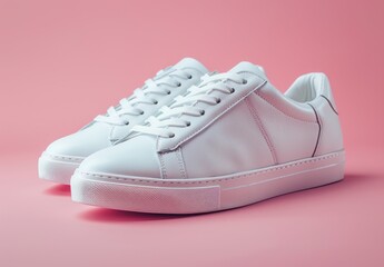 White Leather Sneakers on a Pink Background