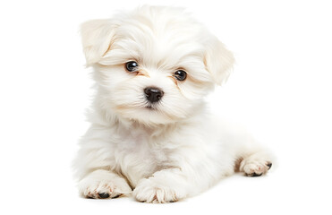 Obraz premium White Maltese Bichon puppy sitting looking at camera, isolated on all white background 