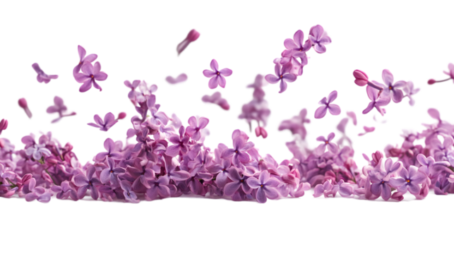 Falling lilac flowers isolated on a white background with full depth of field, high detail