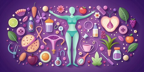 A subtle purple background with delicate ovaries illustration, surrounded by relevant icons like syringes, fitness trackers, and healthy food, conveying PCOS awareness and support.