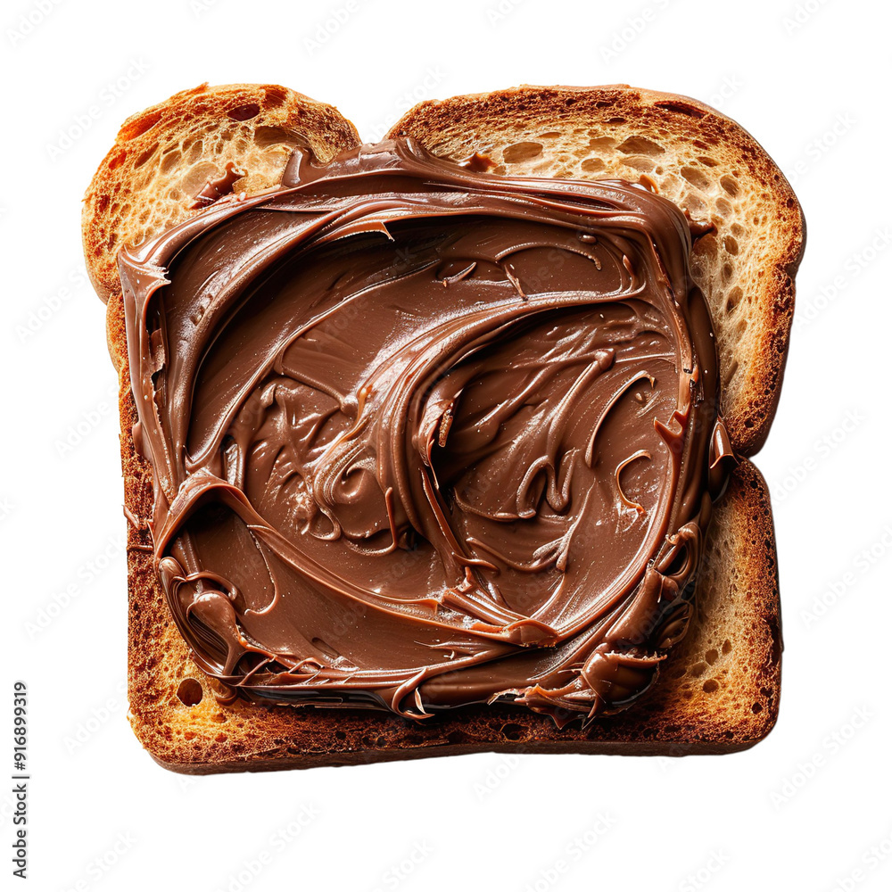 Wall mural top view of a square bread slice smeared with chocolate spread isolated on a white transparent backg