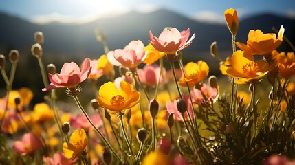 Obraz premium Flowers in the morning mountain flourishes in a field flowers plants background AI Generated