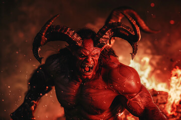Powerful Hellish Demon, Muscular Horror, Red Skinned Demon, Long Horned Evil, Infernal Creature, Halloween Fear, Dark Art
