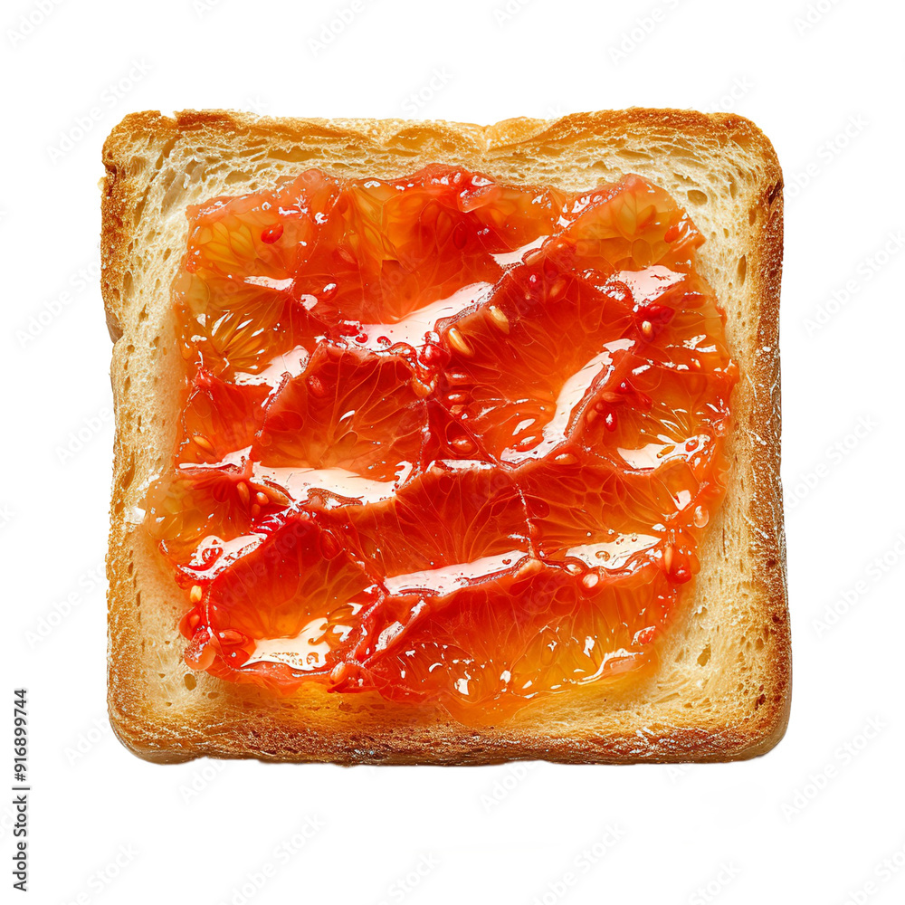 Wall mural top view of a square bread slice smeared with grapefruit marmalade isolated on a white transparent b