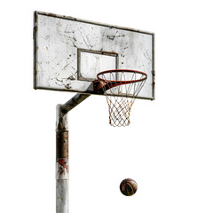 Weathered outdoor basketball hoop with a ball suspended in motion, isolated on a transparent background