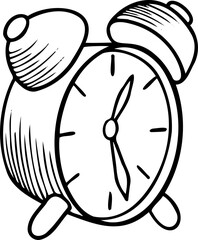 Hand drawn line art old alarm clock illustration.