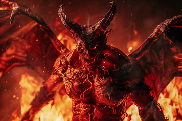Winged Demon of Hellfire, Infernal Horror, Devilish Creature, Fiery Abyss, Satanic Image, Halloween Terror, Dark Fantasy