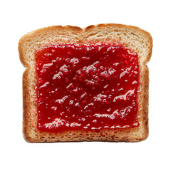 Top view of a square bread slice smeared with raspberry curd isolated on a white transparent background