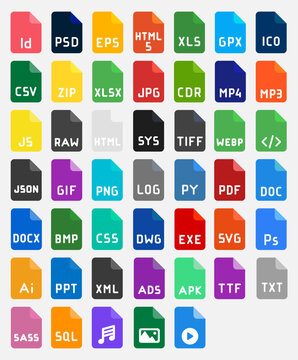 This image features a collection of 47 colorful icons depicting various file types and multimedia formats, all designed in a flat style.