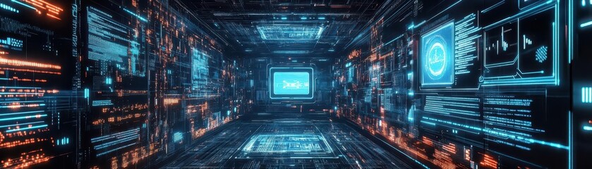 Futuristic computer with floating holographic screens, cyberpunk, neon blue, digital painting, intricate signal pathways