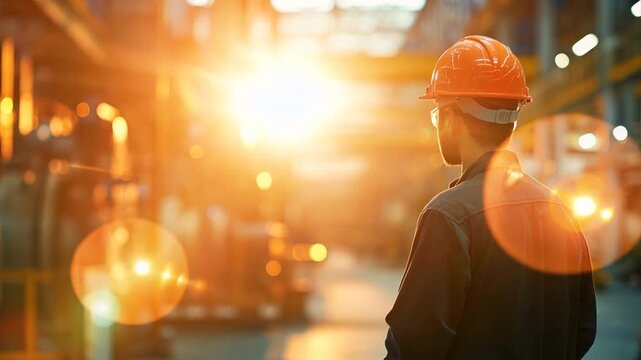 Industrial workers in helmets and uniforms stand with their backs turned, watching other workers working on machines as the sun sets.