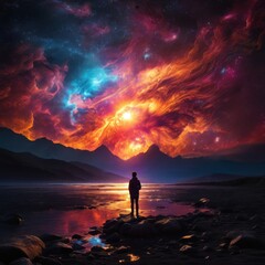Fototapeta premium In a mesmerizing display of cosmic fireworks, a hypnotic holographic solar flare erupts with vibrant colors against the stark backdrop of an inky black sky. 
