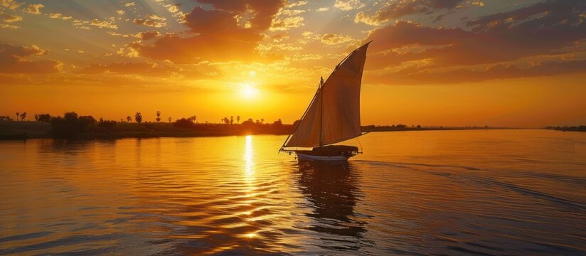 A sailboat is sailing on a calm lake at sunset