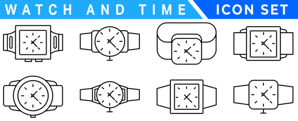 Watch & time wrist vector outline set icon. Isolated outline set icon wristwatch. Vector illustration clock on white background