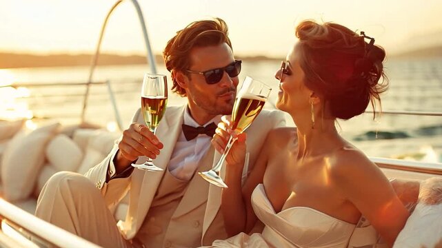 Gorgeous couple celebrating on a yacht while sipping champagne