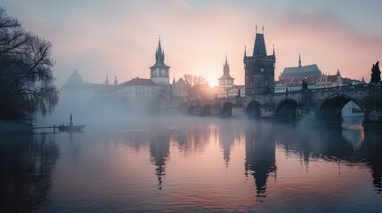 Fototapeta premium Charles Bridge and Prague Castle in Mist