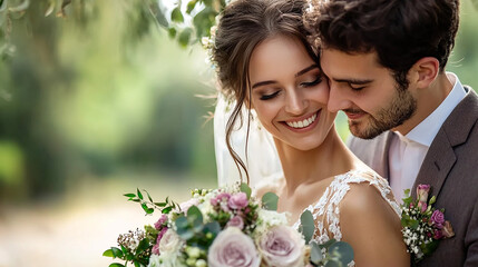 Wedding couple, hugging holding bouquet, smiling lovingly.
Generative AI