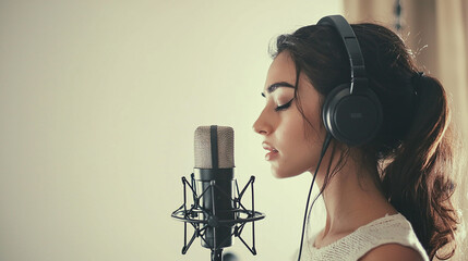 Young singer wearing headphones, singing into a mic.
Generative AI