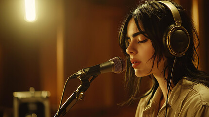 Young singer wearing headphones, singing into a mic.
Generative AI