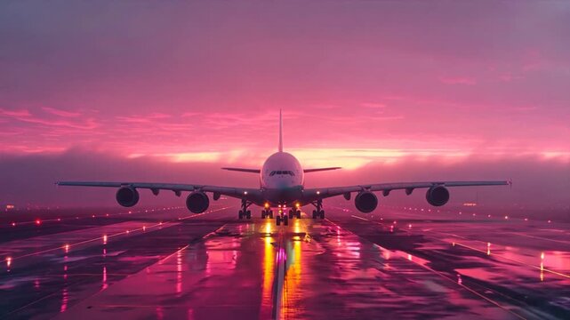 Aircraft on the runway at sunrise. Airplane at the airport. Big passenger plane on the runway road and pink morning sky. Front view.