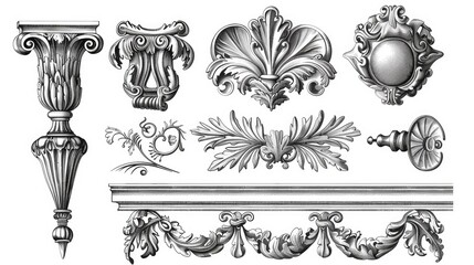 Detailed black and white illustration of ornate baroque architectural elements on a white background.