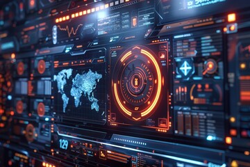 Obraz premium A futuristic digital interface displaying data analytics and global mapping.