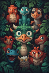 Fototapeta premium A group of whimsical animated creatures with various features gather in a lush green jungle, showcasing their playful and friendly nature