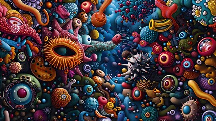 Playful cartoonish but also high resolution, shimmering raytracing, cgi of a busy decorative wallpaper design featuring clutter of various microorganisms that are saturated multi coloured jewel tones