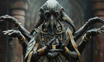 Interstellar Merchant: Alien with multiple arms and exotic clothing, holding rare artifacts